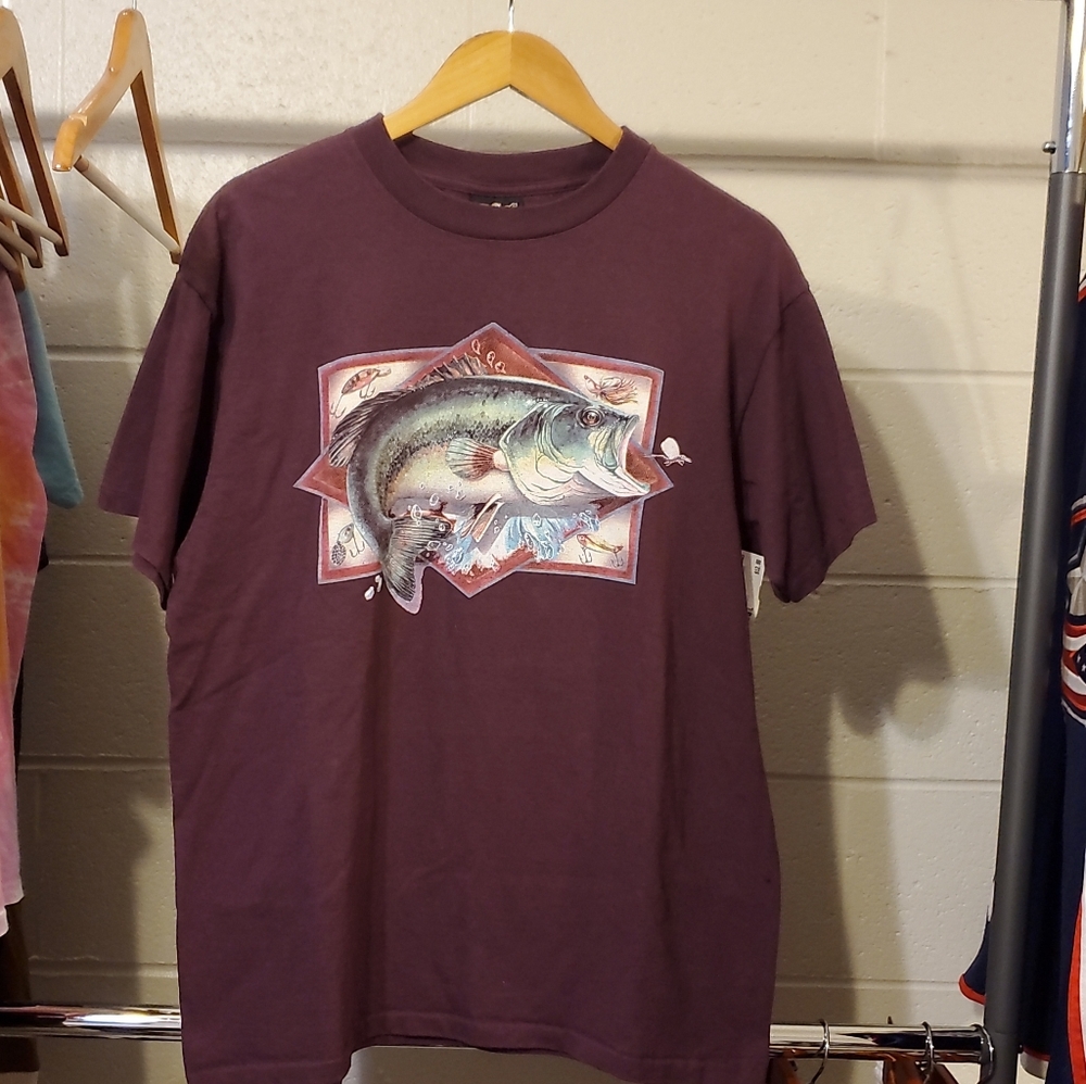 Size L-Vintage 90s Single Stitch 3D Emblem Bass Fishing Shirt